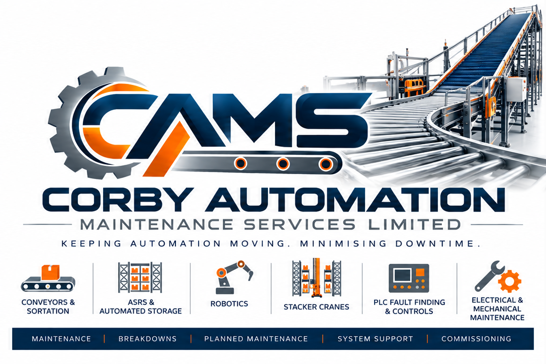 CAMS engineering brand artwork featuring automated conveyor systems